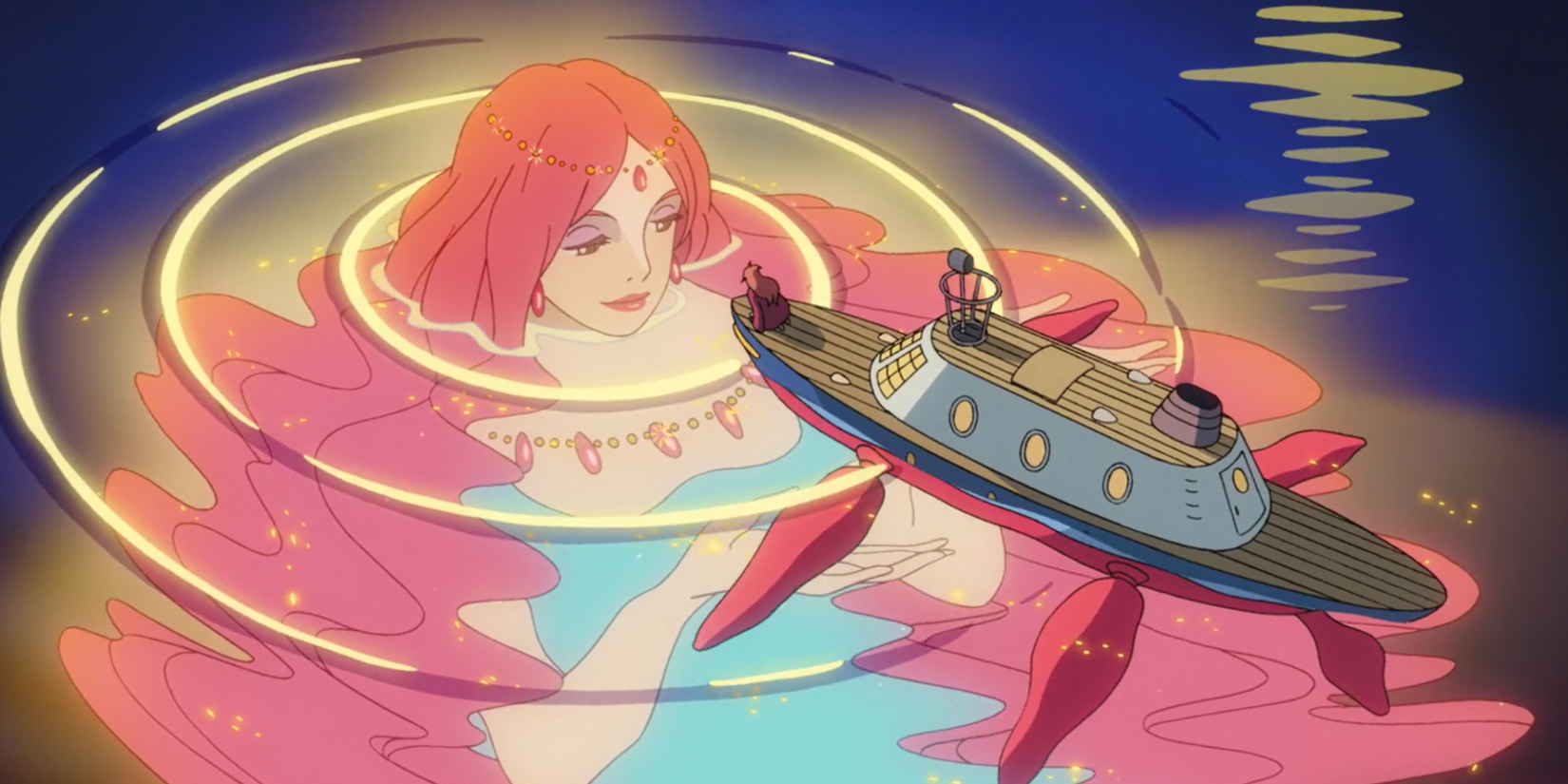 Grannmamare submerged in water looks at a small boat with one person aboard in Ponyo.