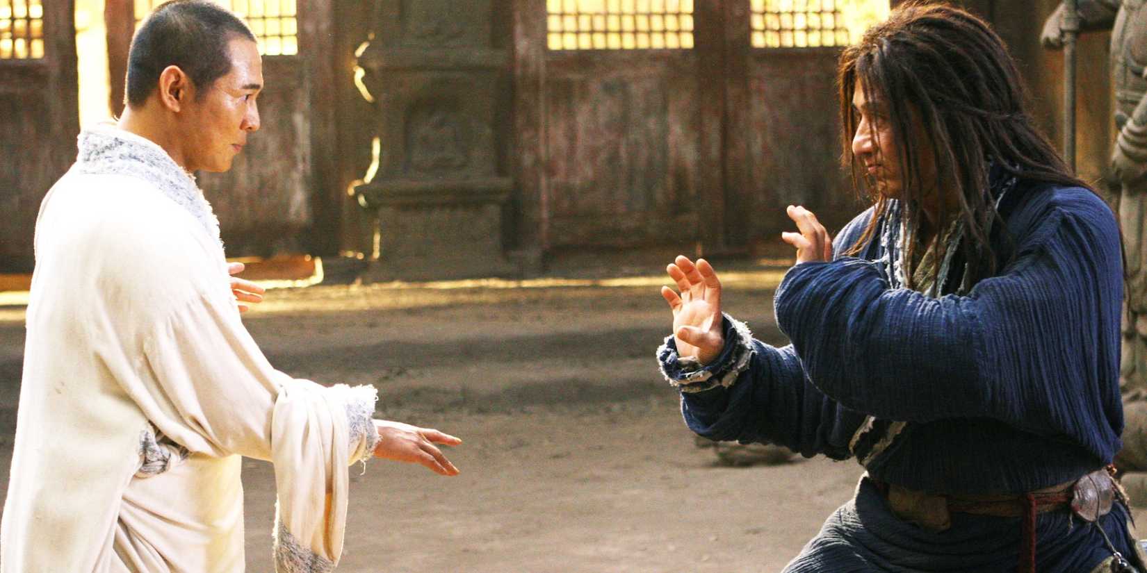 Jackie Chan and Jet Li face each other in battle in The Forbidden Kingdom