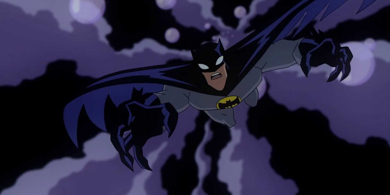 Batman drops down into camera view in The Batman 2004 Season 2, Episode 10 The Butler Did It.