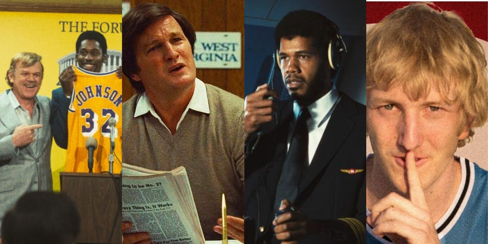 Winning Time characters with magic, jerry west, jerry buss, kareem, and larry bird