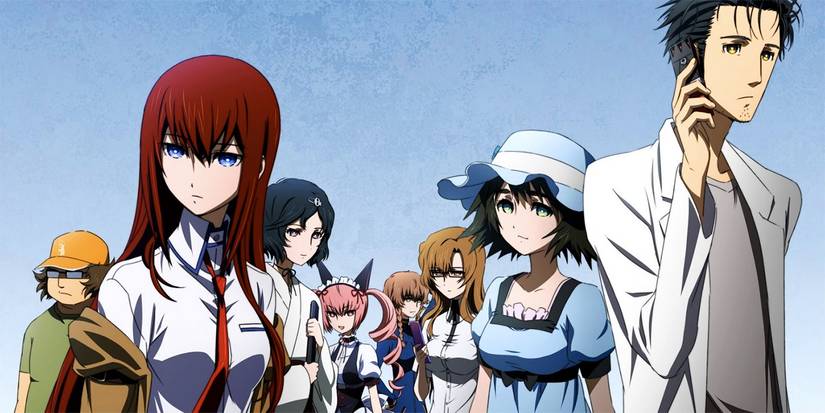 The cast of Steins;Gate anime standing around with a blue sky background.