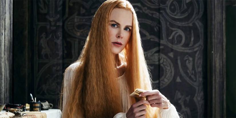 Nicole Kidman as Queen Gudrún looking intently at something slightly past the camera in The Northman.