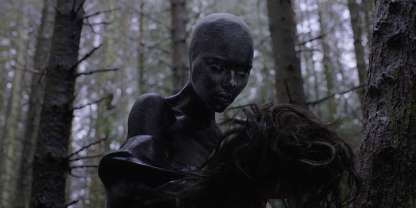 The Alien looks at her own skin in the film Under the Skin.