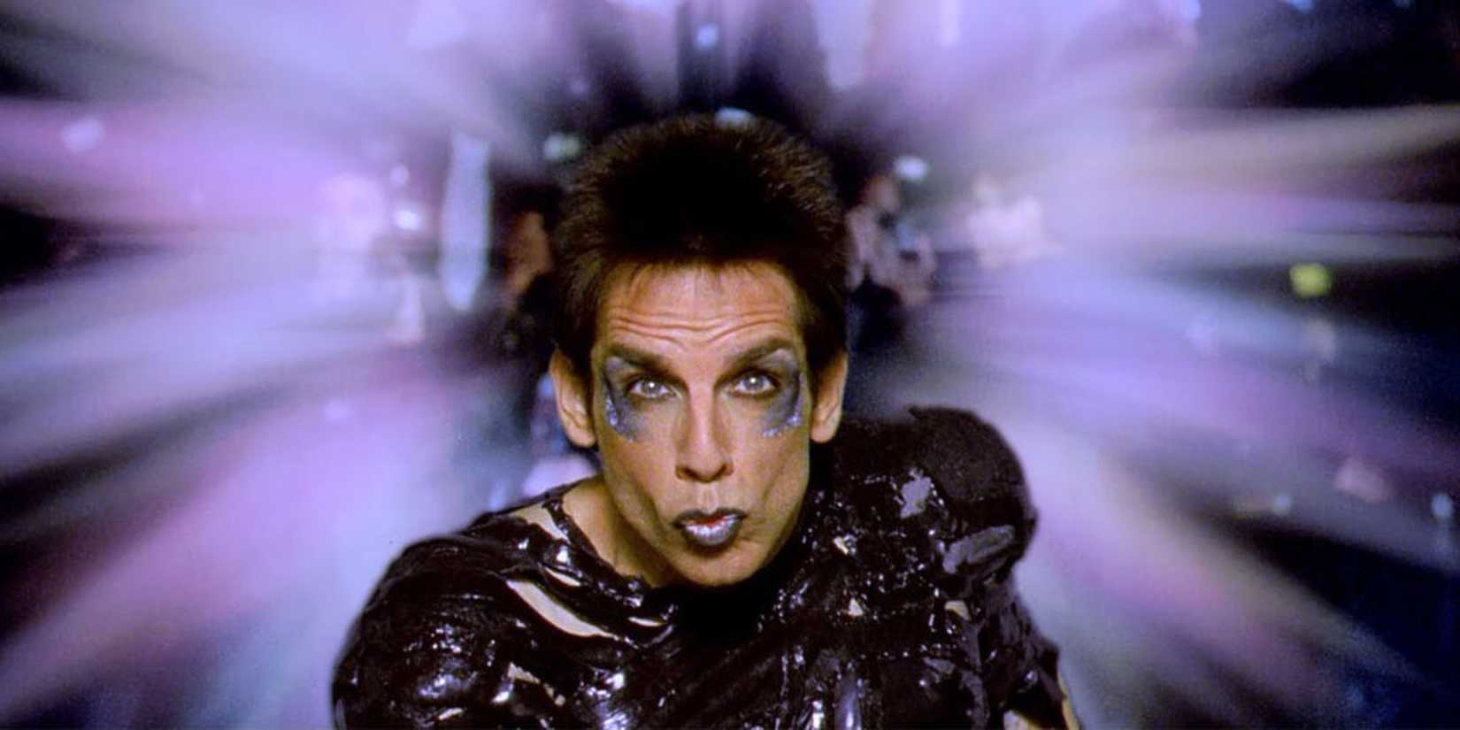 Ben Stiller as Derek Zoolander doing his famous pose while purple lights shine in the background in the film Zoolander.