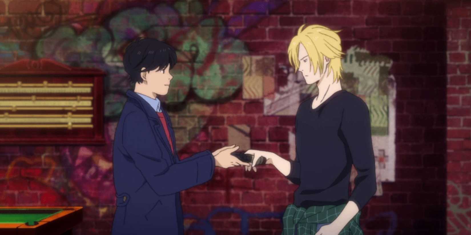 Two characters exchanging an item in Banana Fish