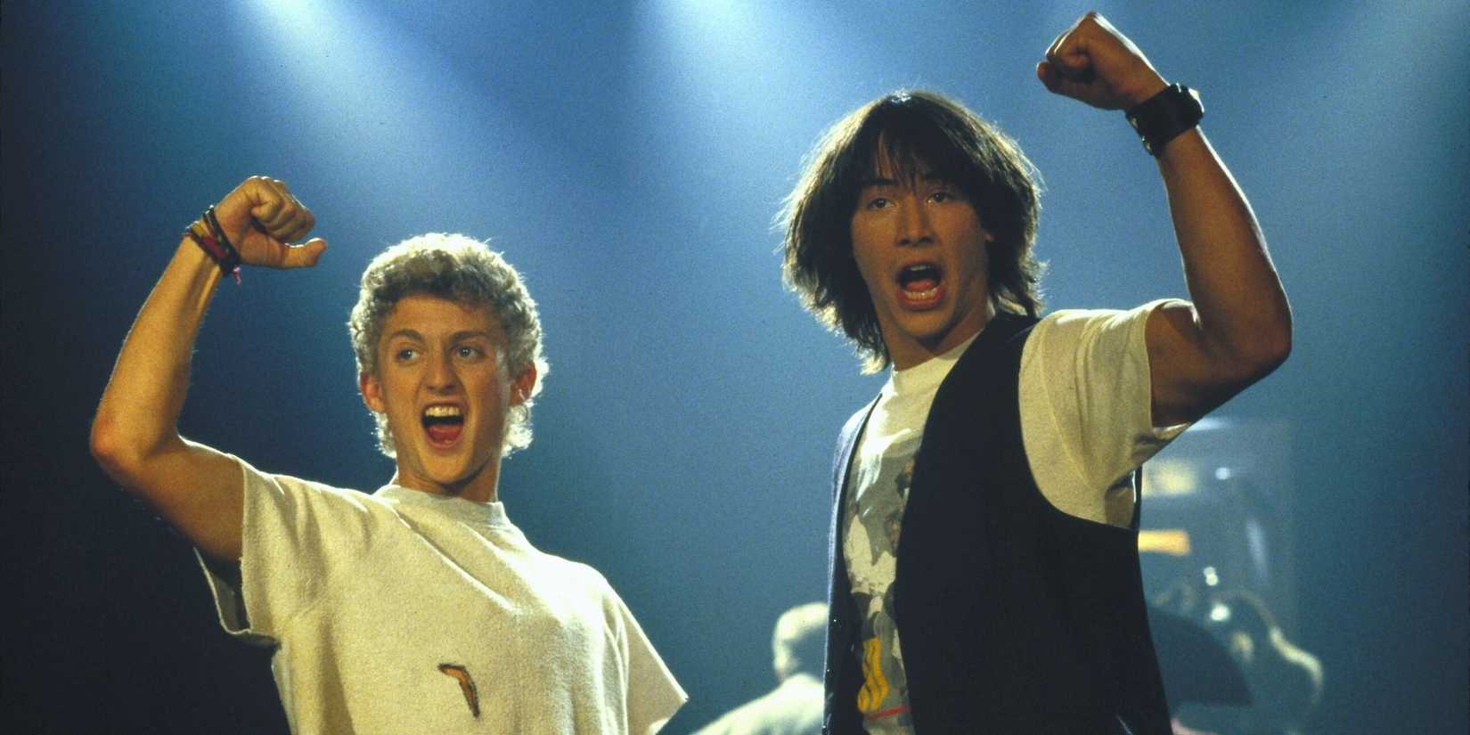 Bill and Ted raising their fists in celebration in Bill & Ted's Excellent Adventure
