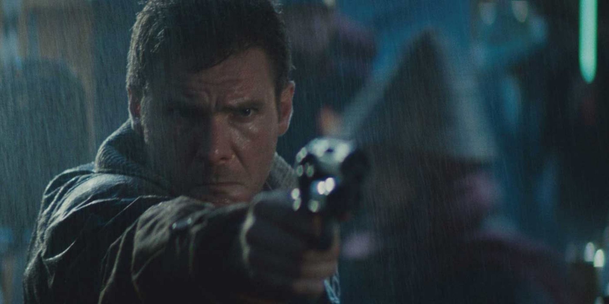 Harrison Ford as Rick Deckard with a gun