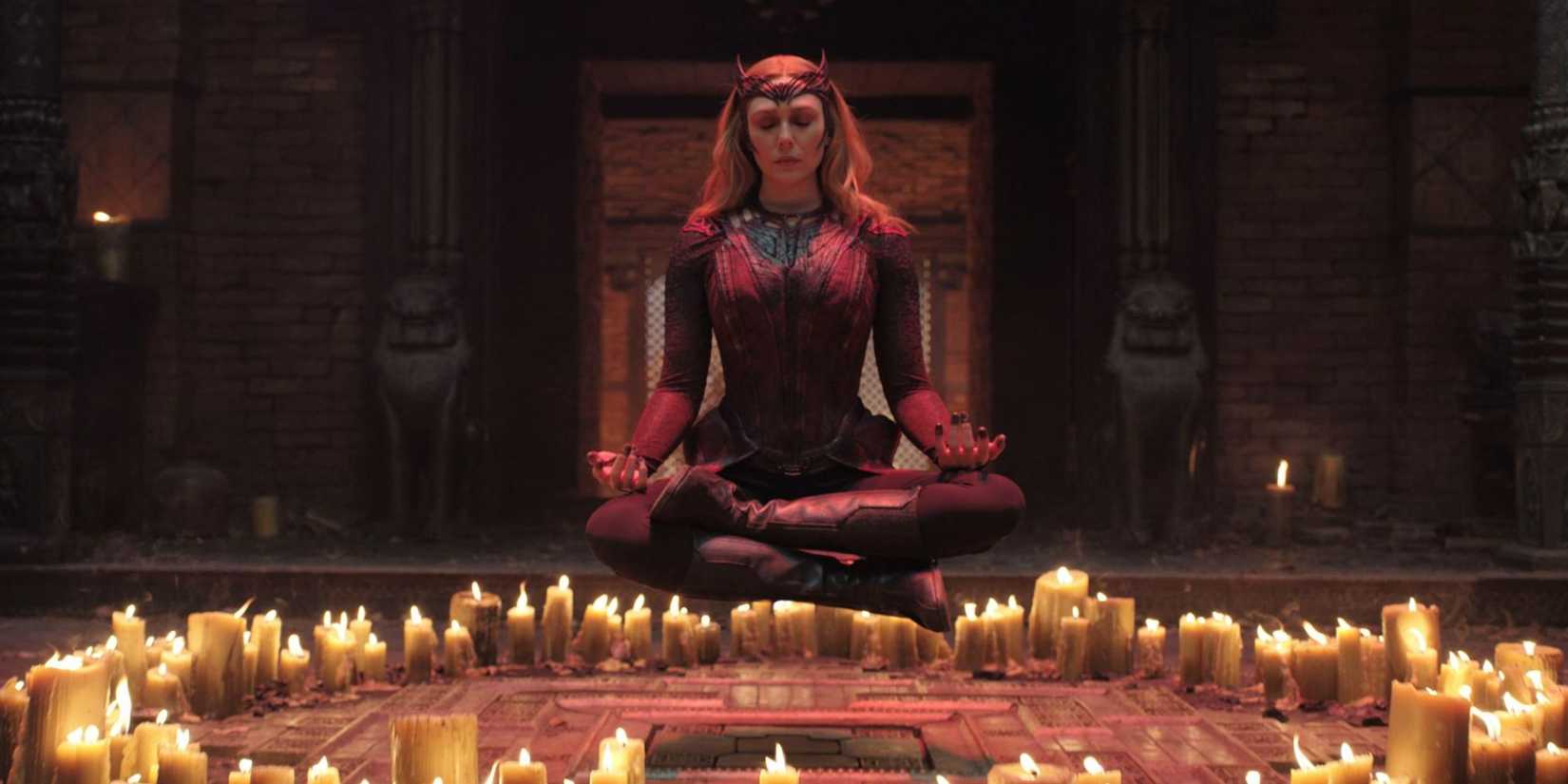 Scarlet Witch hovering in the lotus position in Doctor Strange: in The Multiverse of Madness