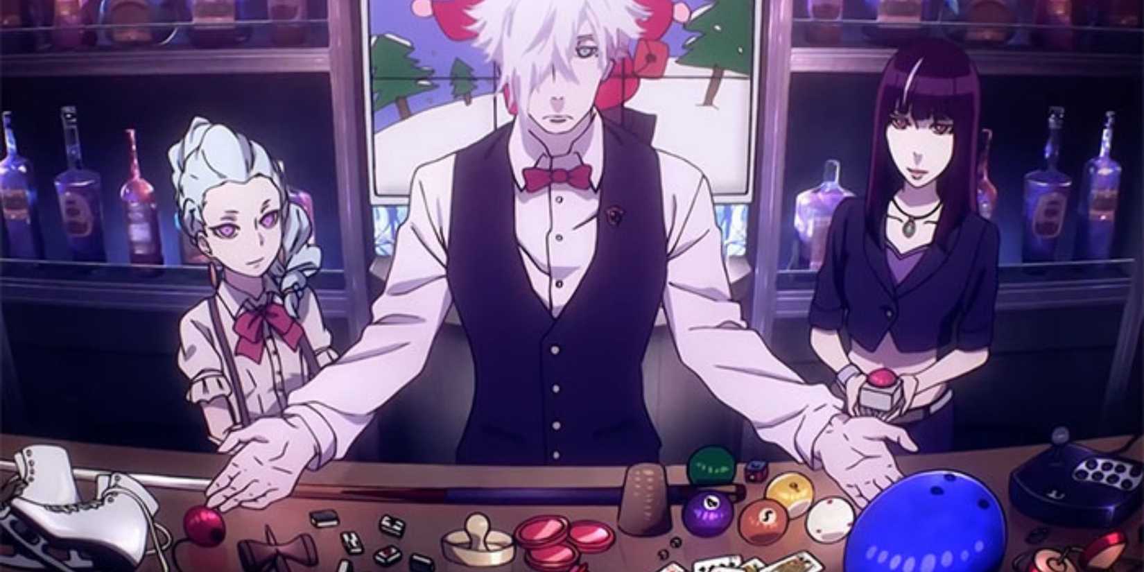 Decim, Nona and Onna behin bar with game items in death parade