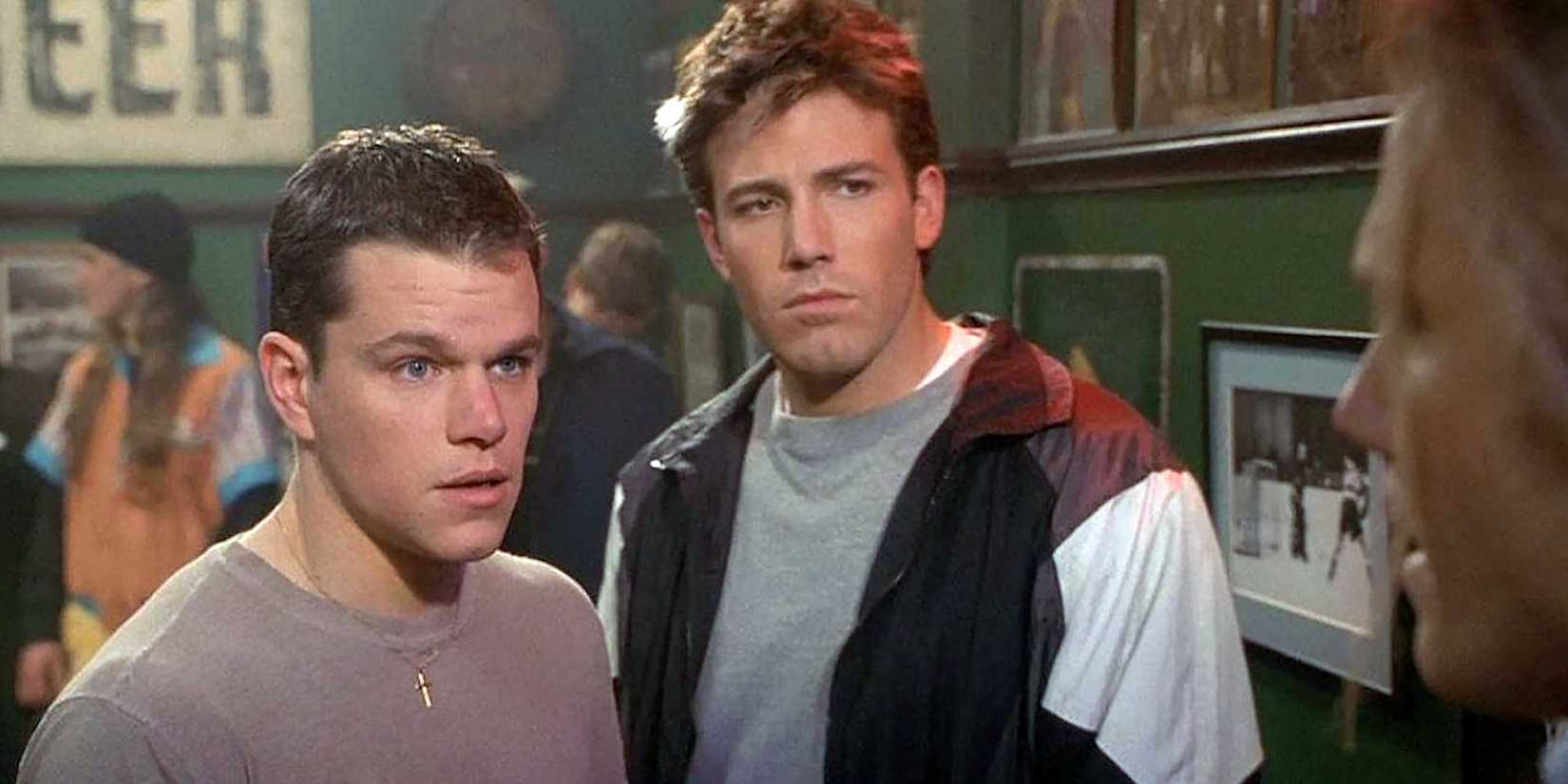 Matt Damon as Will Hunting & Ben Affleck as Chuckie Sullivan standing together in a bar in Good Will Hunting