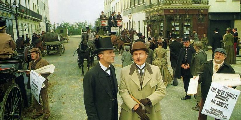 Sherlock Holmes and John Watson in the streets of London in Granada's 'Sherlock Holmes' television show