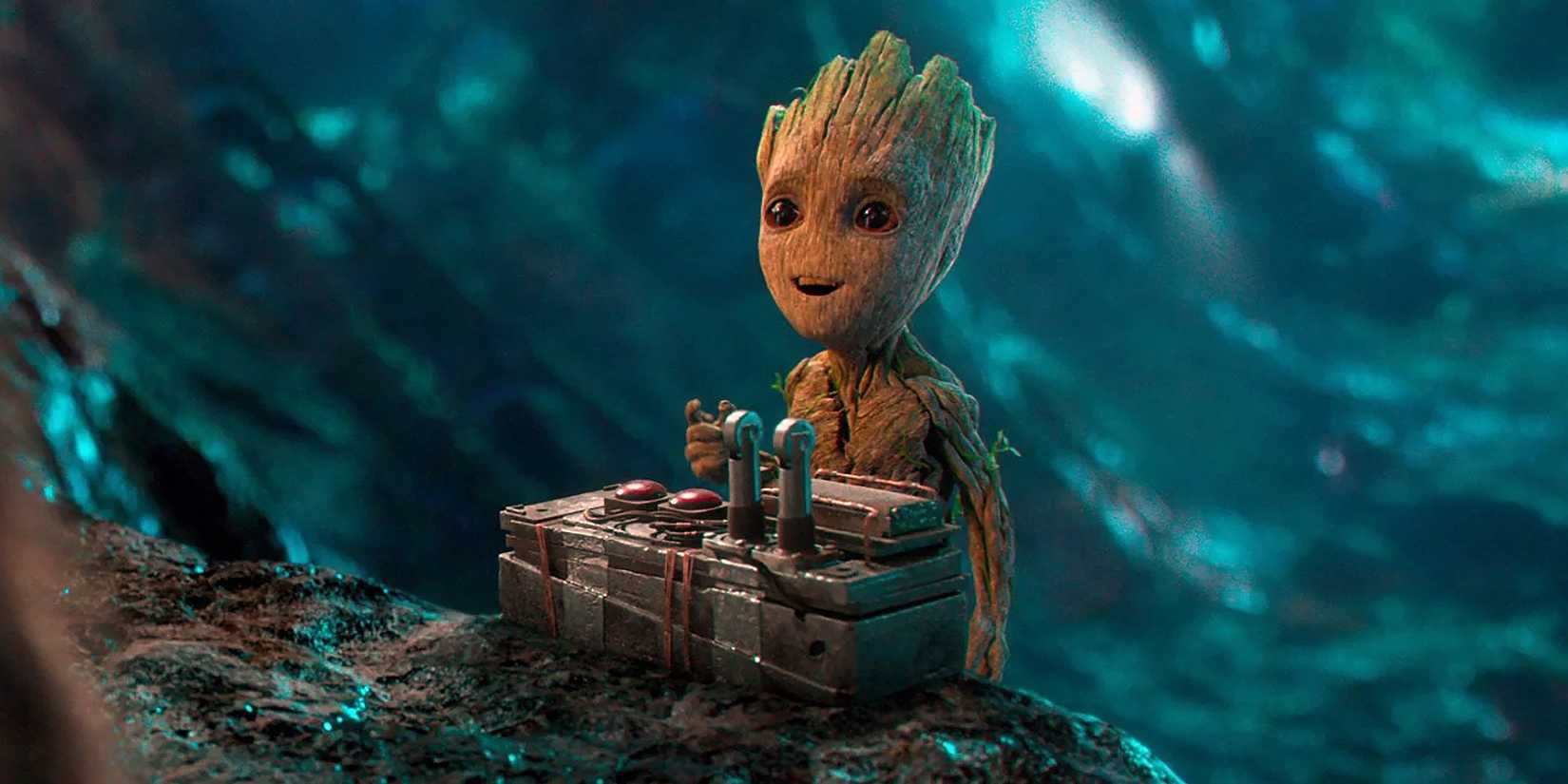 Baby Groot about to push the button on a bomb in Guardians of the Galaxy Vol 2