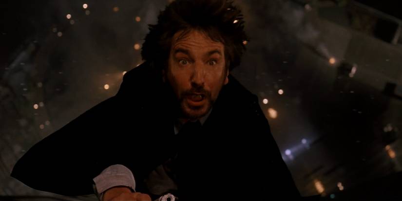 Alan Rickman as Hans Gruber falling down from Nakatomi Plaza in Die Hard