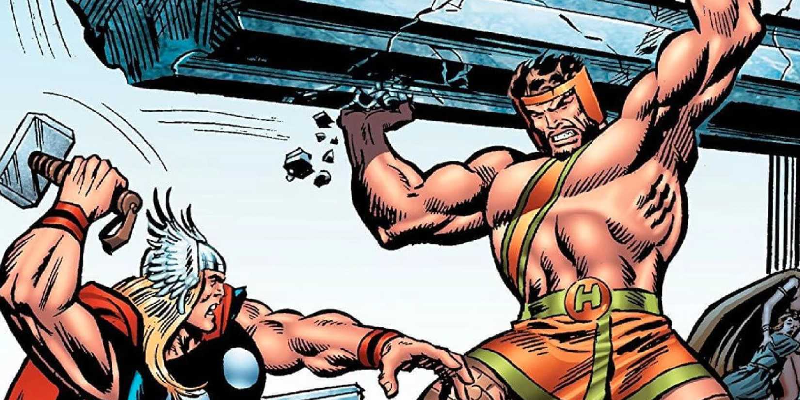 Hercules dans les bandes dessinées Marvel soulevant un pilier tout en combattant Thor