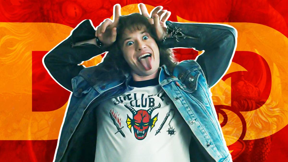 Eddie from Stranger Things giving himself devil horns with his hands in front of the DnD logo