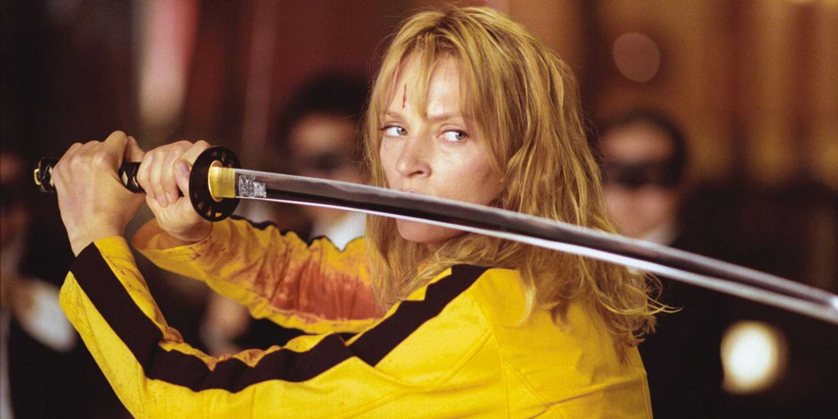 Adorned in a bloodied yellow tracksuit, a vengeful female assassin played by Uma Thurman wields a katana against a horde of assassins.