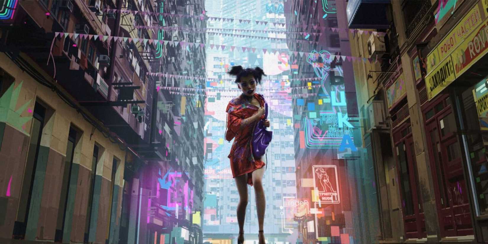 A woman running through a colorful metropolis