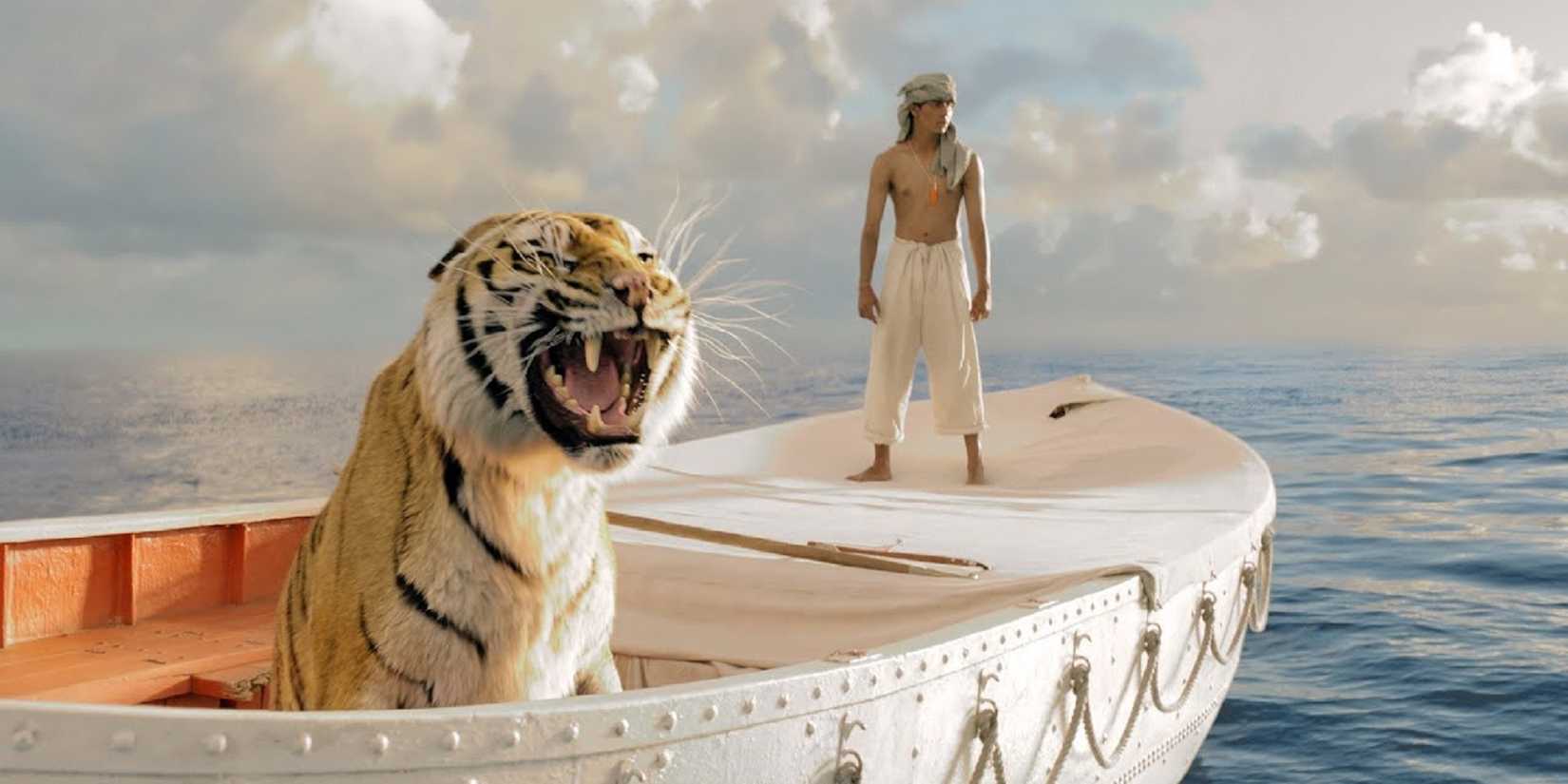 Pi and the bengal tiger on the life boat in Life of Pi.