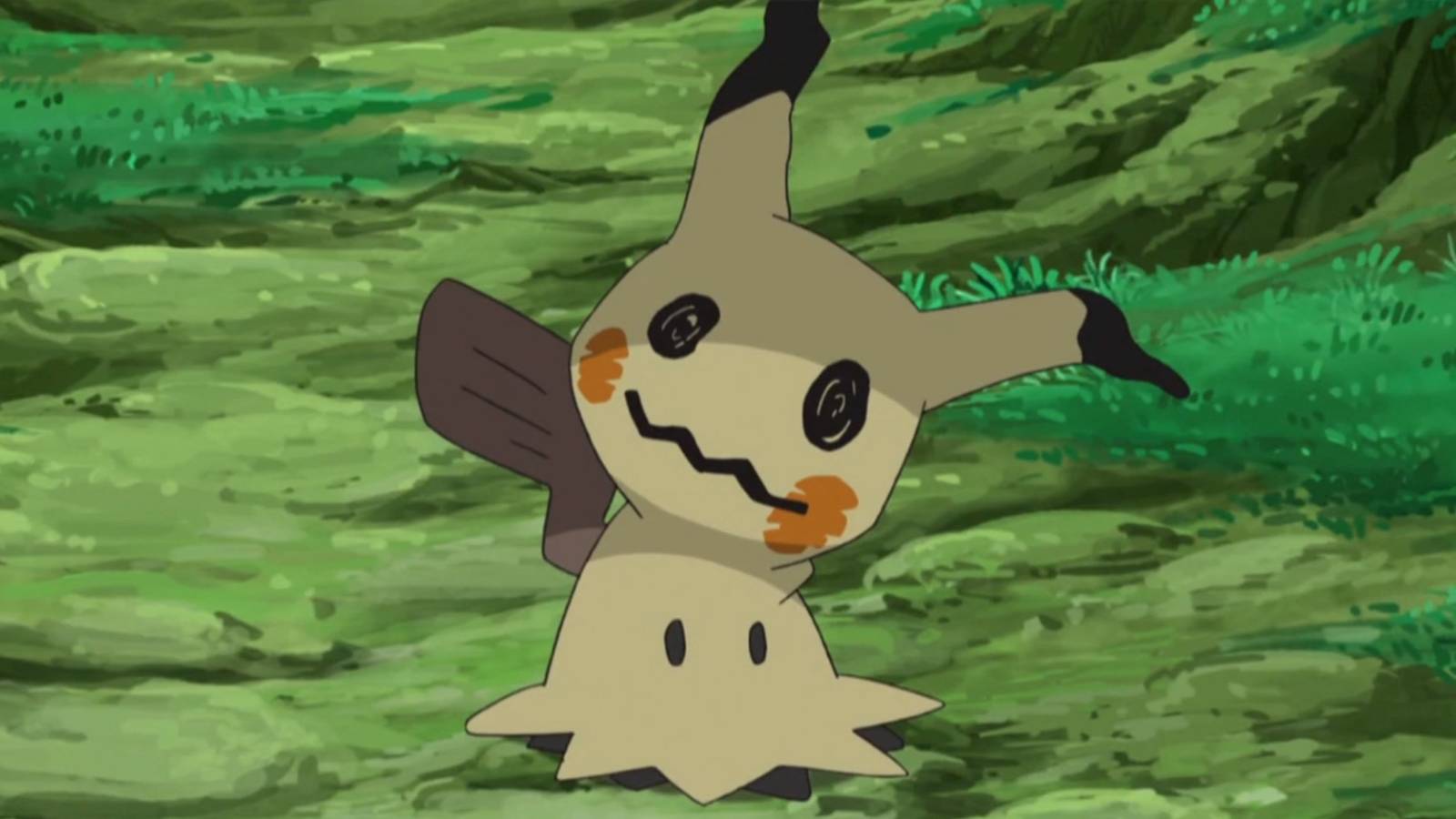 Mimikyu on the grass in the Pokémon anime