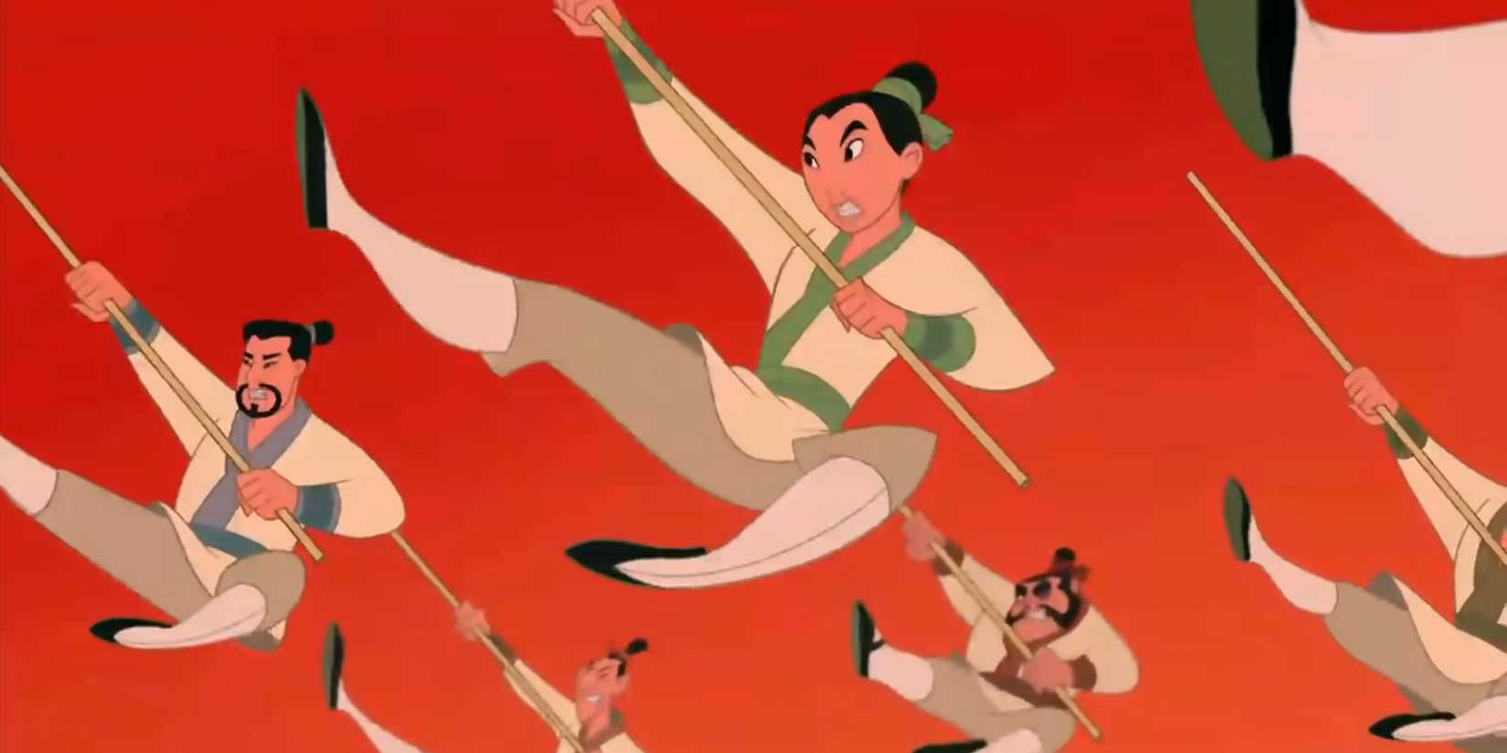 Mulan and other warriors throwing a high kick