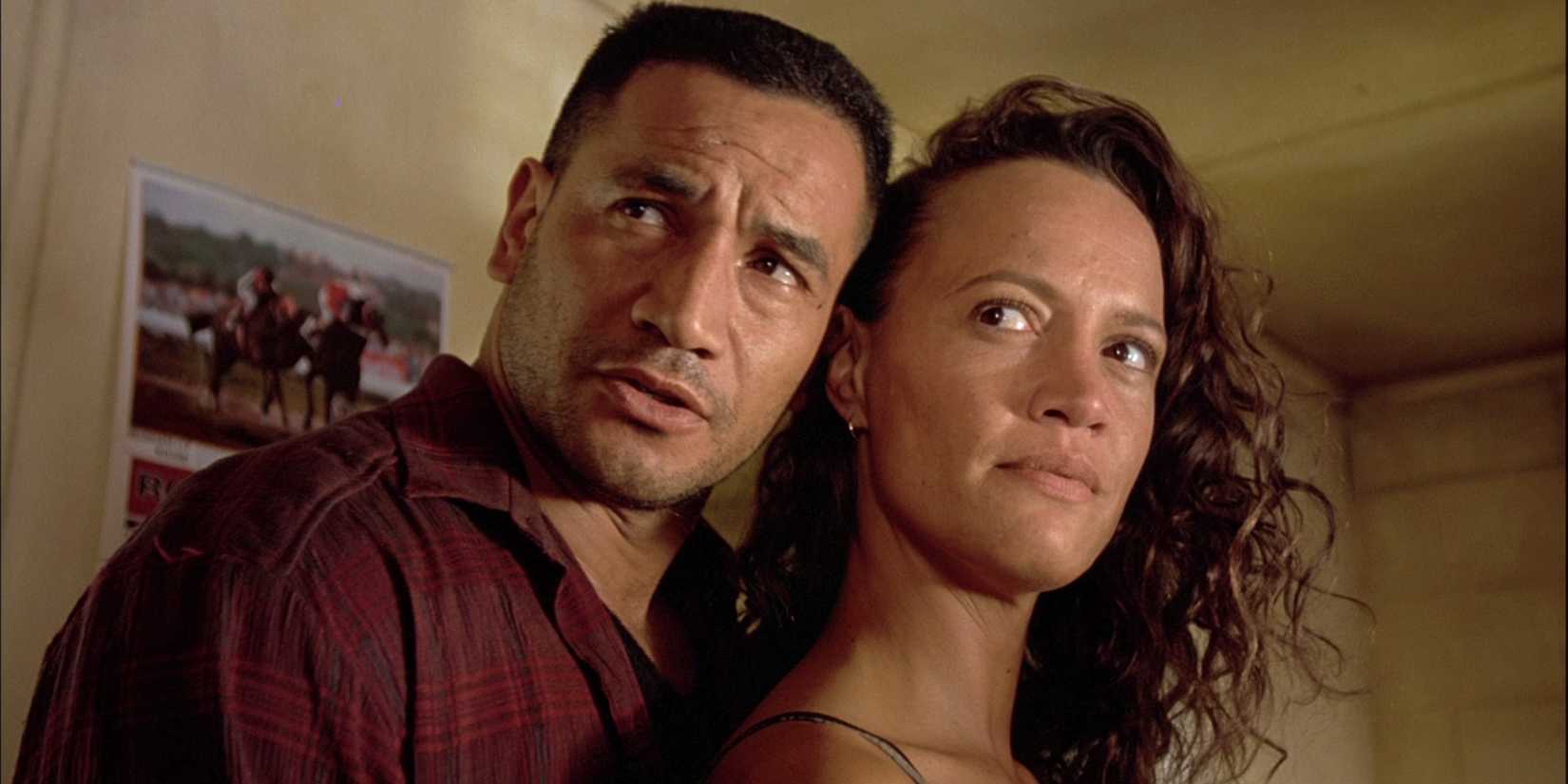 Temuera Morrison and Rena Owens as Jake and Beth Heke embrace in 'Once Were Warriors'