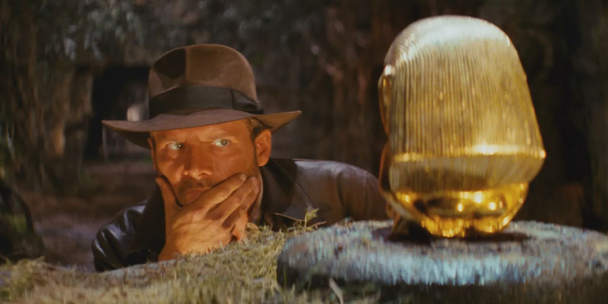 Harrison Ford as Indiana Jones staring at the artifact 