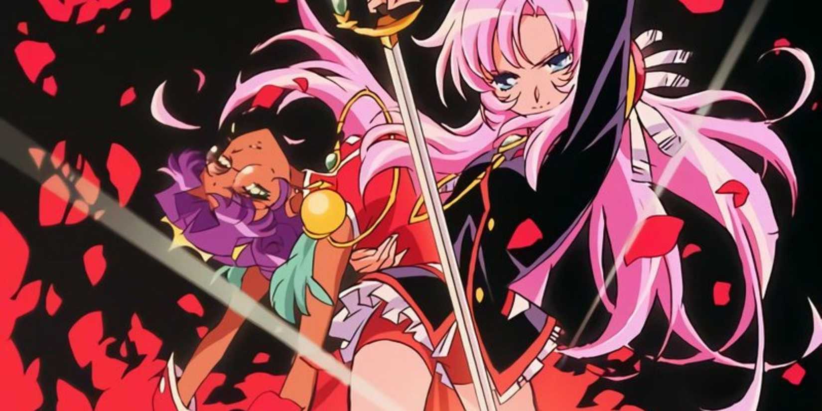 Revolutionary Girl Utena holds a fallen person in her right arm while yielding a sword with her left arm.