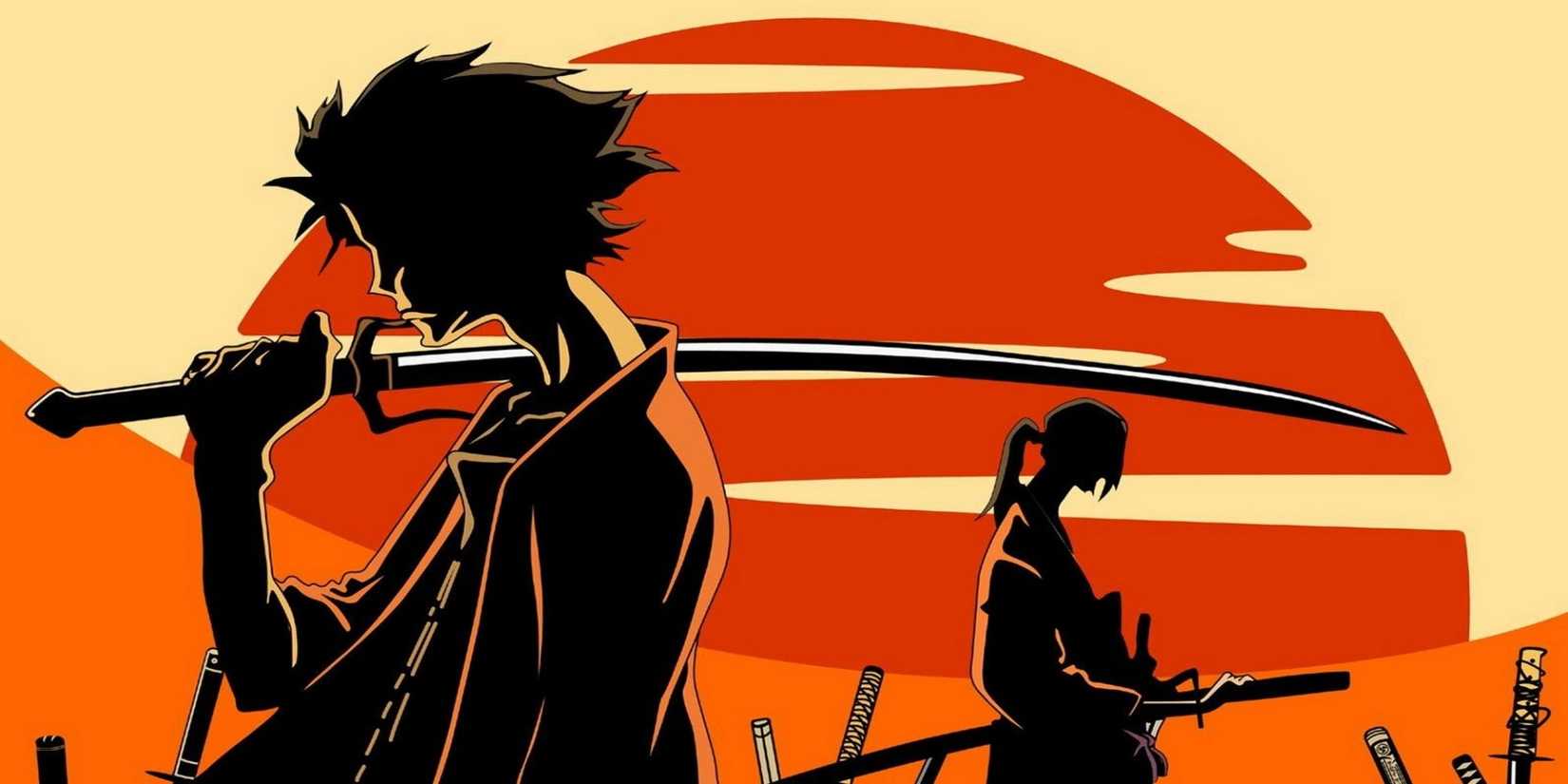 Dua samurai dengan matahari terbenam di latar belakang Samurai Champloo.