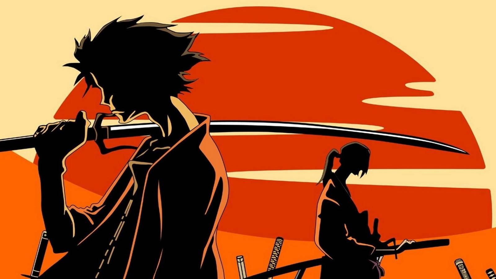 Two samurai with the sunset in the background Samurai Champloo.