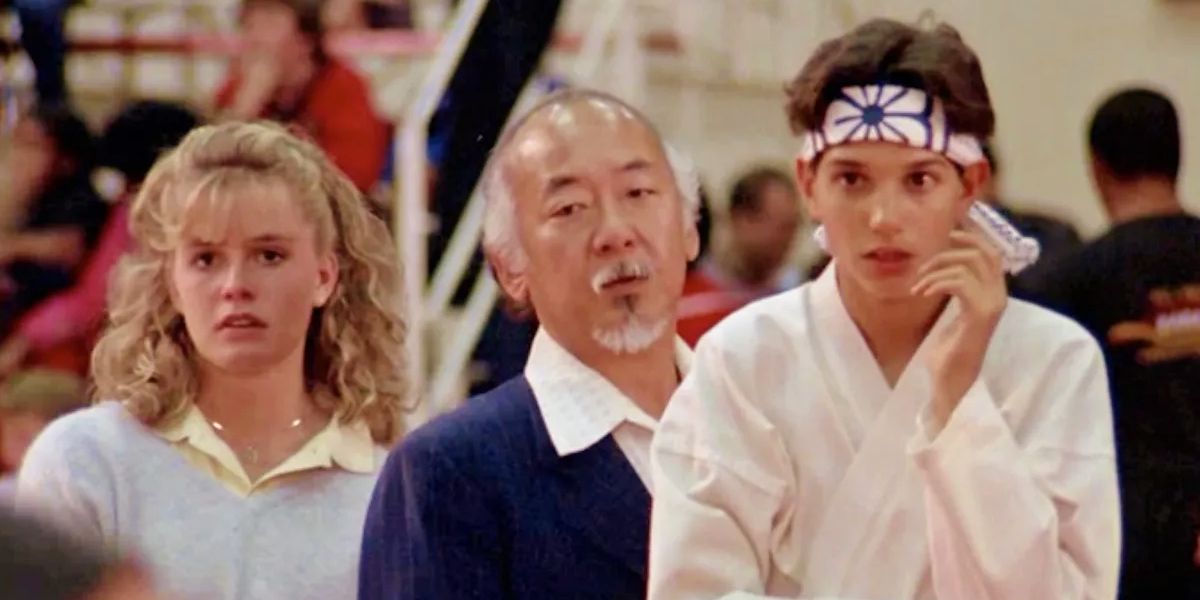 Ralph Macchio, Elizabeth Shue and Pat Morita in The Karate Kid