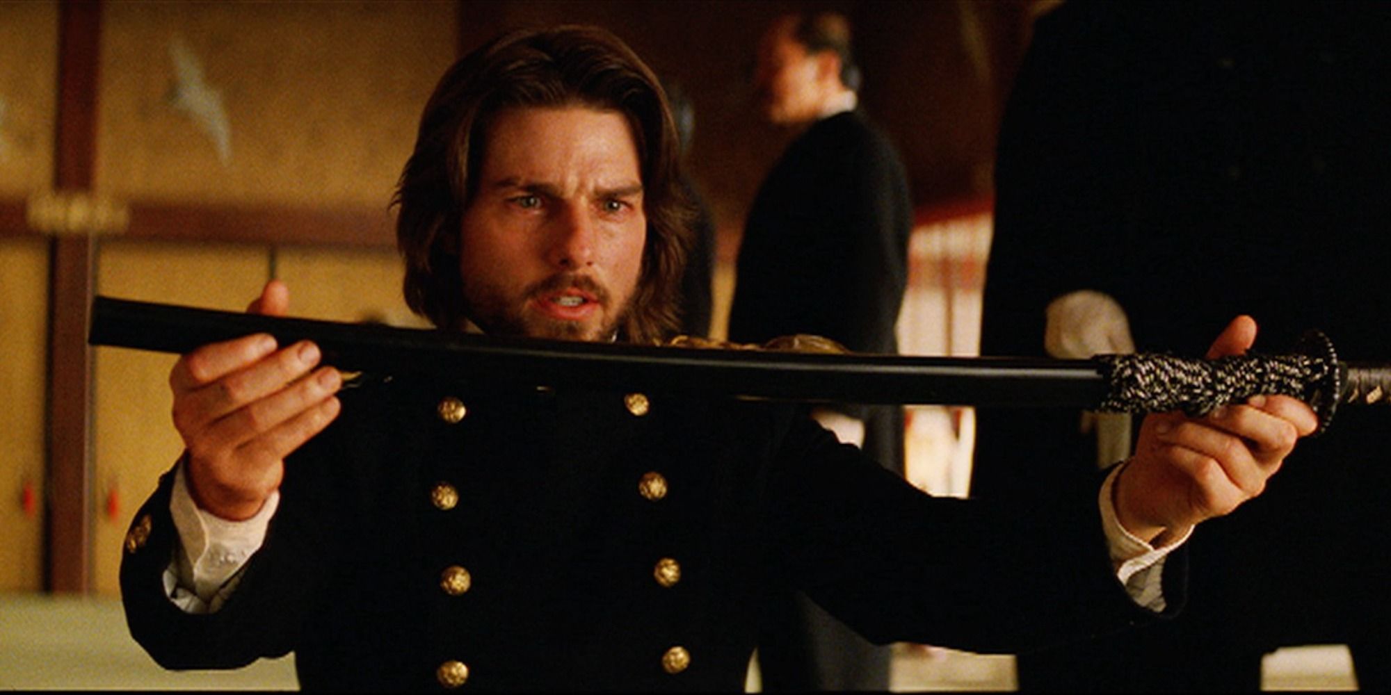 The Last Samurai holding a sword with tears in his eyes 