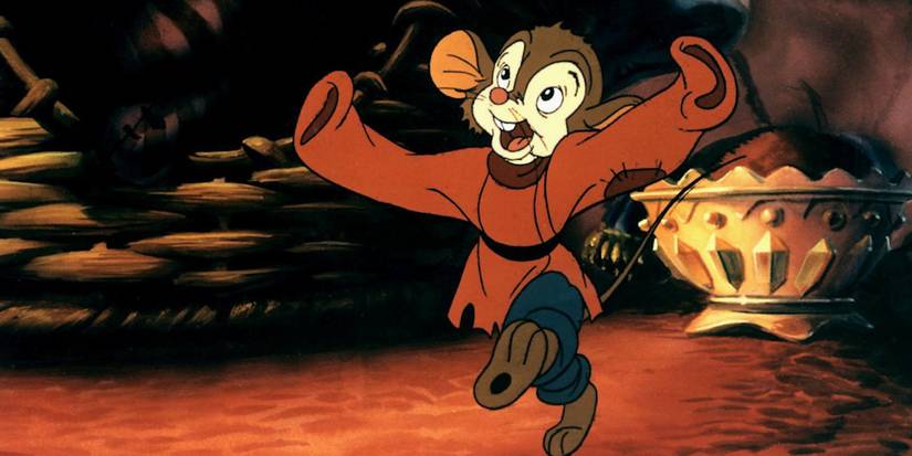 Fievel Mousekewitz the animated mouse dances and smiles in An American Tail