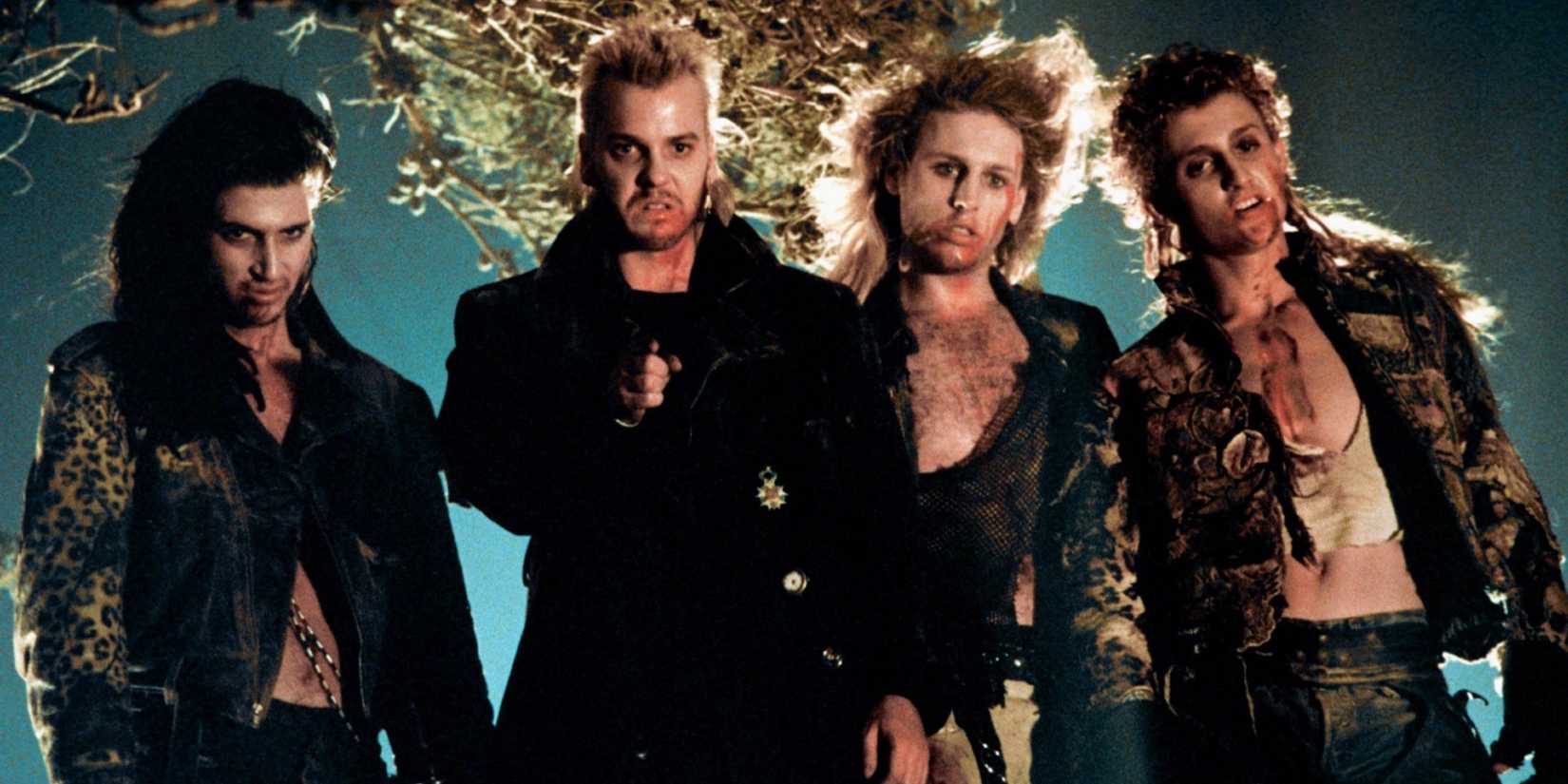 The vampire gang, led by Kiefer Sutherland, in The Lost Boys.