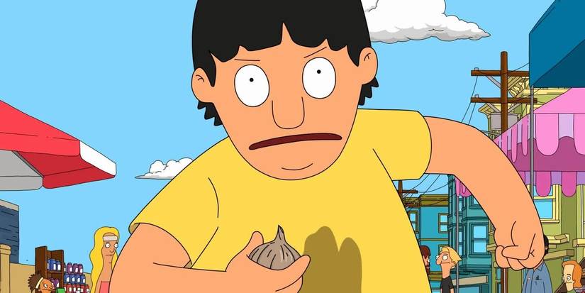 gene belcher running, holding garlic, determined