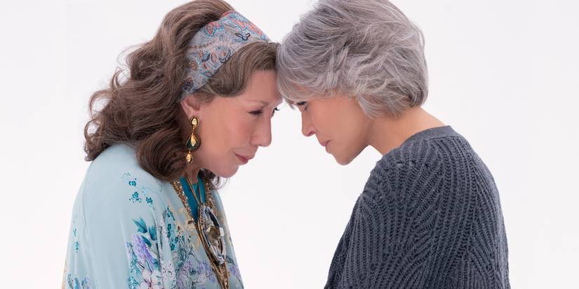 Jane Fonda and Lily Tomlin forehead to forehead in Grace and Frankie