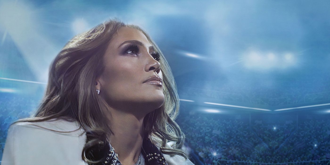 Jennifer Lopez in a football stadium looking up in the documentary Halftime.