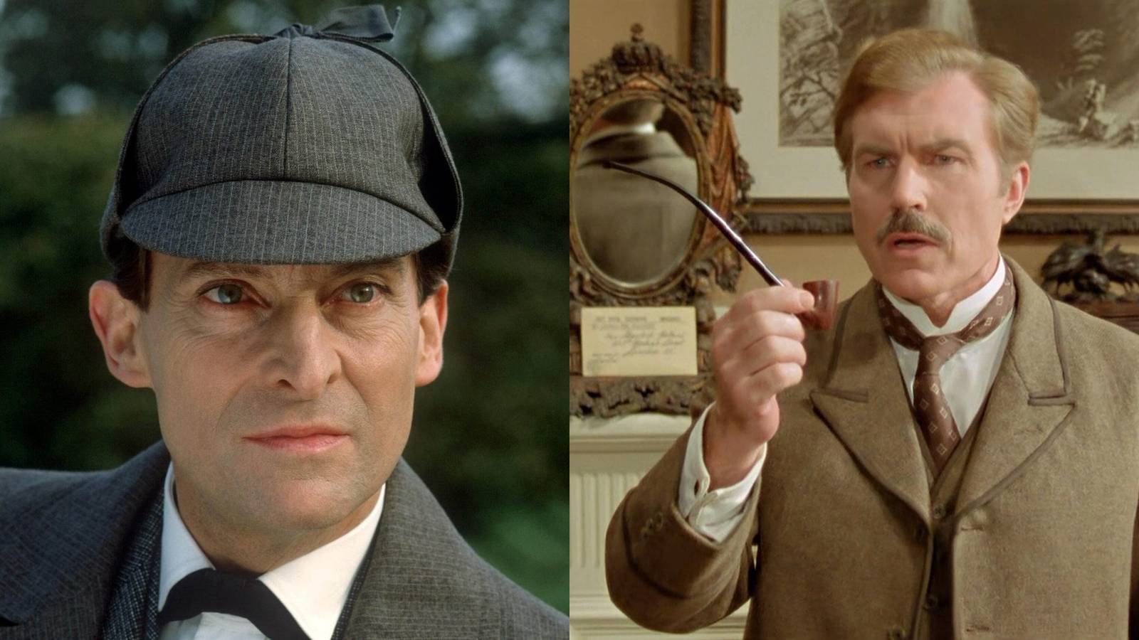 Split Image: Jeremy Brett as Sherlock Holmes on the left; David Burke holding a pipe as John Watson on the right