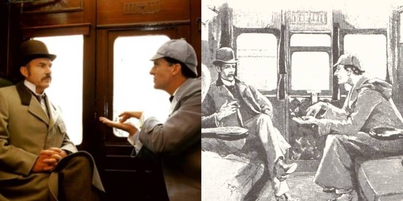 Split Image: Sherlock Holmes and John Watson in "The Adventures of Sherlock Holmes" recreating an illustration from The Strand magazine by Sidney Paget