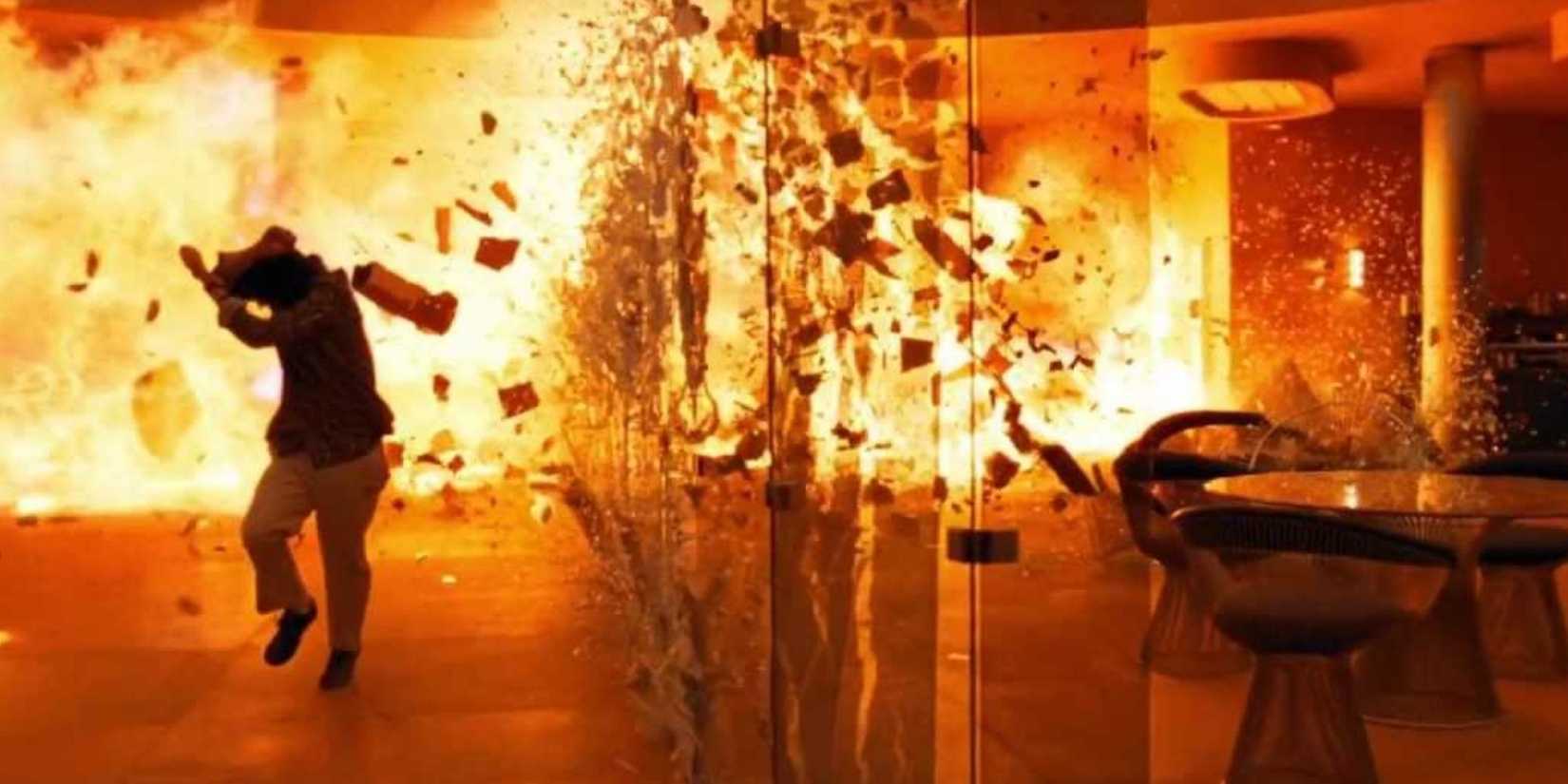 A building bursts into flames 