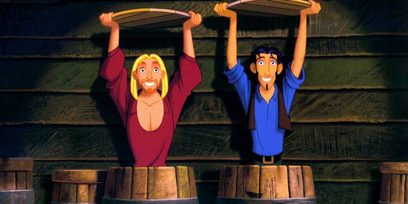 Miguel and Tulio smile while coming out of barrels in The Road to El Dorado
