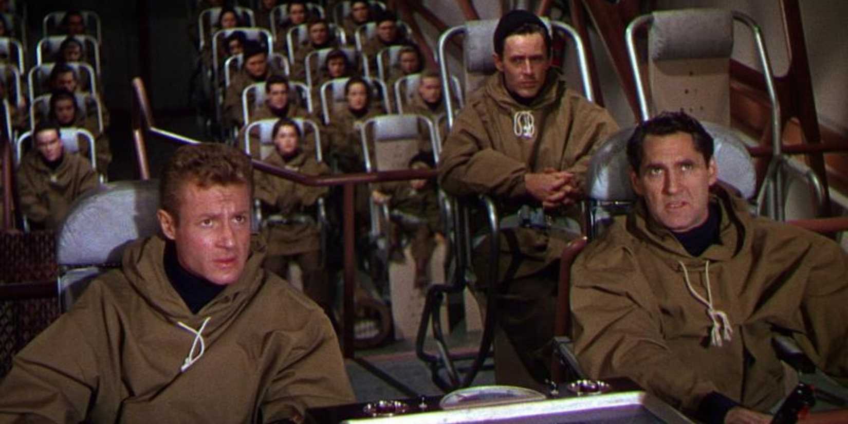 Humans sitting on rocket leaving Earth
