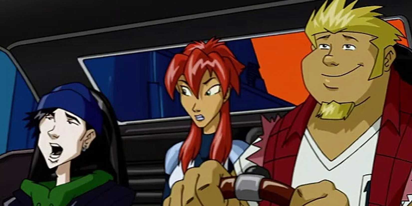 Coop, Jamie, and Kiva in the Megas cockpit in the animated series Megas XLR.