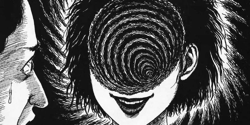 A spiral black hole on a person's forehead in Junji Ito Uzumaki