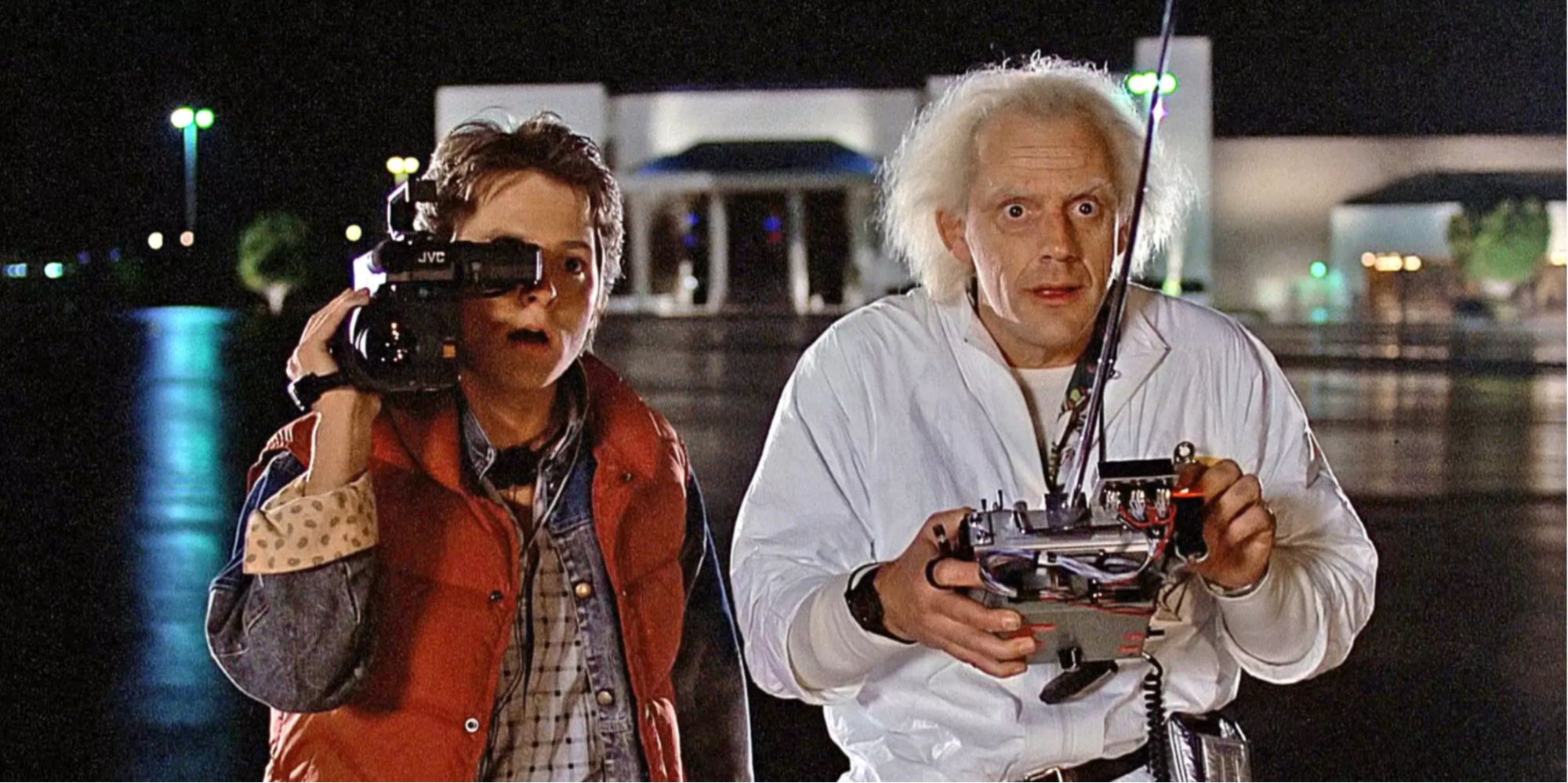 Michael J. Fox and Christopher Lloyd testing the Delorean 