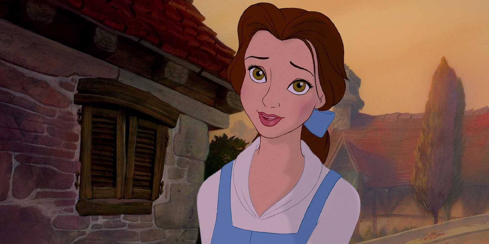 Belle walks through town in 1991's Beauty and the Beast.