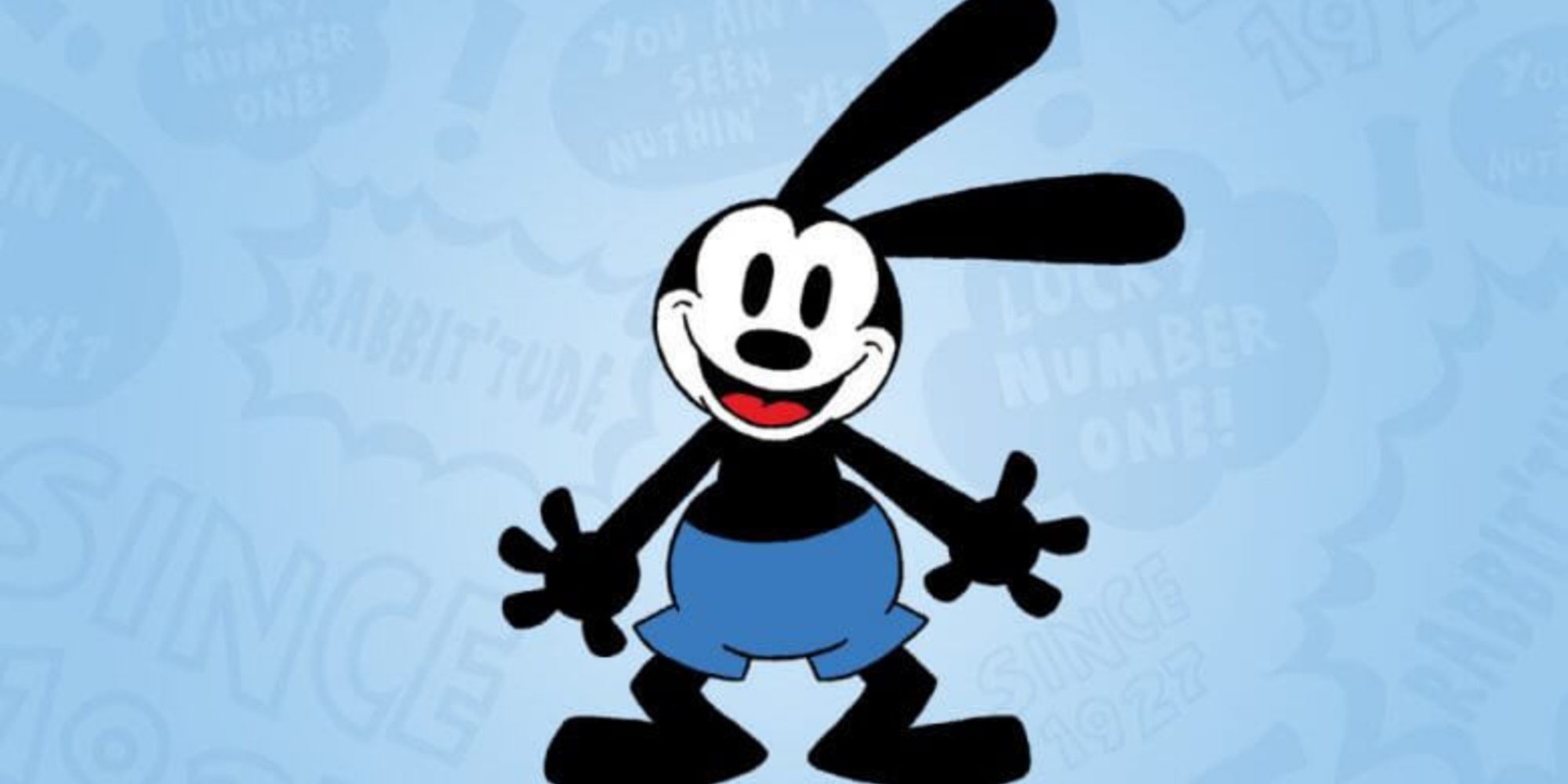 Oswald the Lucky Rabbit smiling against a blue background