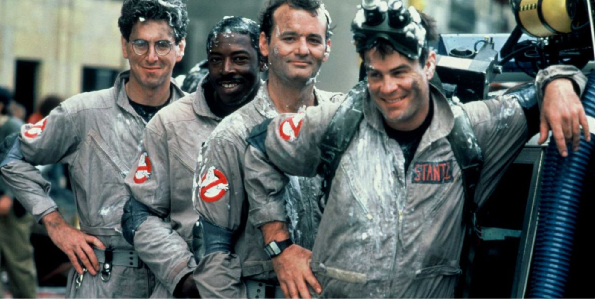 Harold Ramis, Ernie Hudson, Bill Murray and Dan Aykroyd in their Ghostbusters outfits 