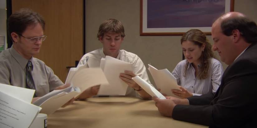 Jim, Dwight, Pam and Kevin reading Michael's script in The Office
