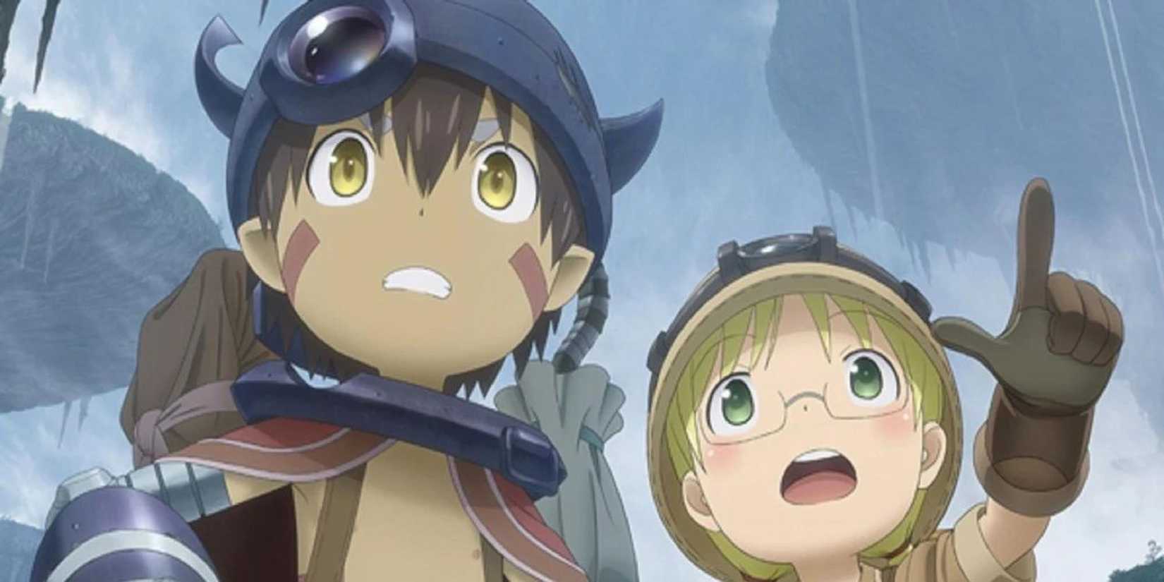 Characters in makeshift armor point at something, with towering objects behind them in Made in Abyss.