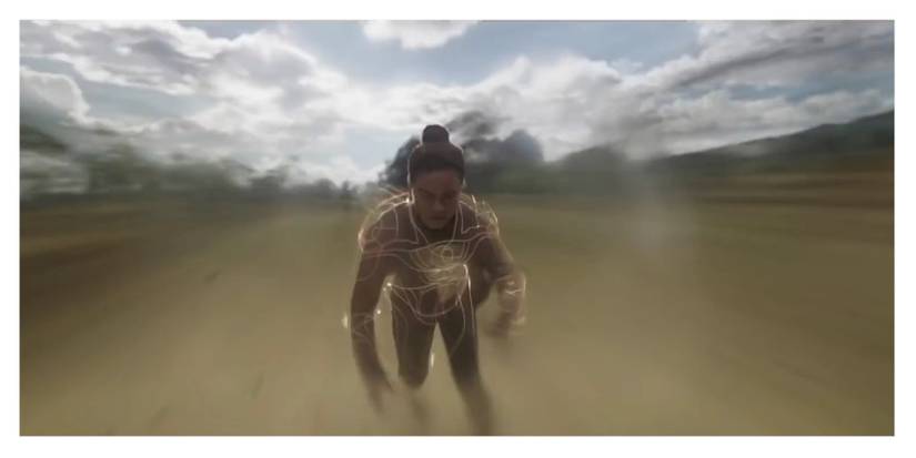 Lauren Ridloff as Makkari running at super speed in Marvel's Eternals